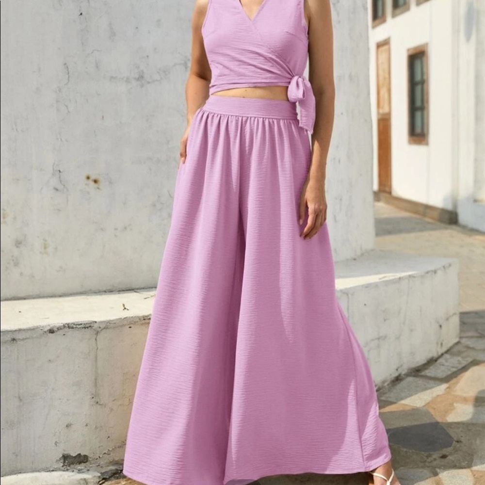 Shein solid wrap knot side tank top and wide leg pants